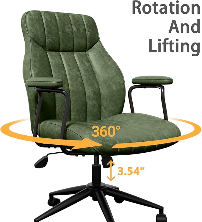 Green Leather Office Desk Chair with Wheels and Arms, Height Adjustable, Vintage, Mid Century Modern Style