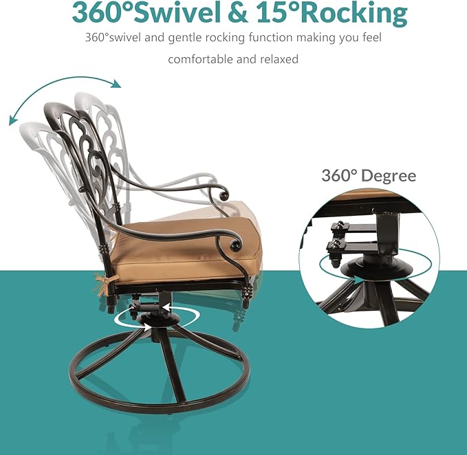 MEETWARM 9-Piece Outdoor Patio Dining Set, All-Weather Cast Aluminum Patio Conversation Set for Backyard Garden Deck with 8 Cushioned Swivel Rocker Chairs, 1 Oval Table, 2" Umbrella Hole