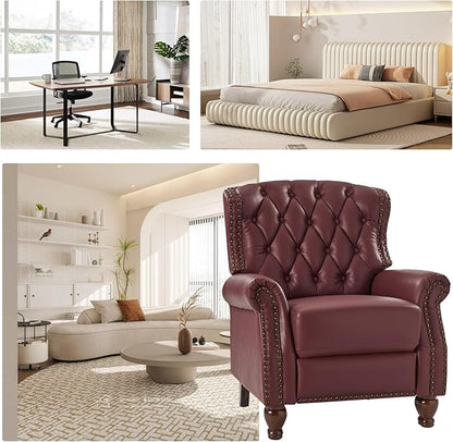 HULALA HOME Genuine Leather Recliner Chair with Solid Wood Feet, Modern Adjustable Tufted Push Back Arm Chair w/Rivet Decoration, Home Theater Seating Single Reclining Sofa for Living Room, Burgundy
