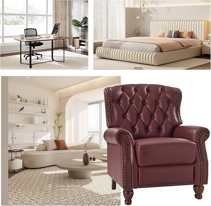 HULALA HOME Genuine Leather Recliner Chair Set of 2 w/Solid Wood Feet, Modern Adjustable Tufted Push Back Arm Chair w/Rivet Decoration, Home Theater Seating Reclining Sofa for Living Room, Burgundy