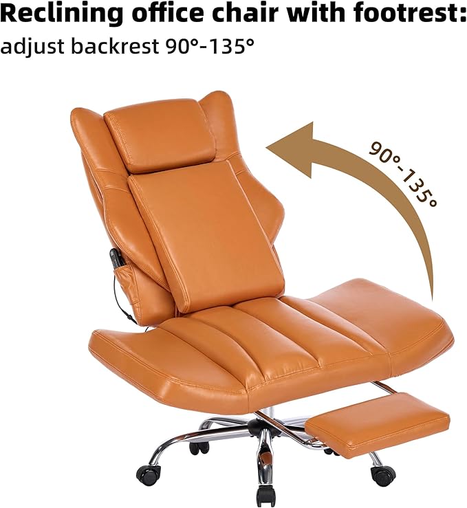 DYHOME Orange Leather Office Chair with Massage and Footrest, Heavy Duty Task Desk Chairs, Swivel Ergonomic Computer Gaming Chairs with Lumbar Support, Wheels Flip-up Arms Adjustable Height