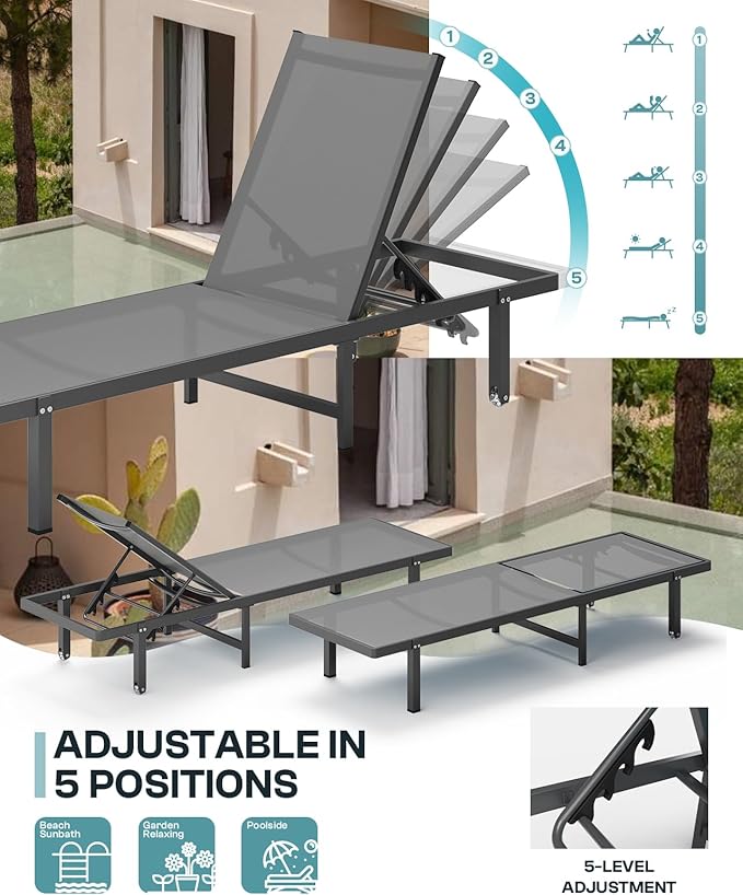 Pool Lounge Chairs Set of 3 (2 Loungers + 1 Side Table)，Outdoor Lounge Chairs with Wheels and 5-Position Recliner, Aluminum Patio Lounge Chair for Poolside, Deck (Darkgray)