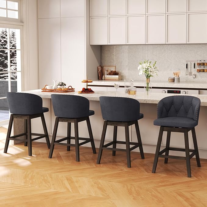 COSTWAY Counter Height Bar Stools Set of 2, Fabric Upholstered Island Stools with 360° Swivel Seat & Button-Tufted Back, Modern Pub Stools with Solid Rubber Wood Frame (Grey,2)