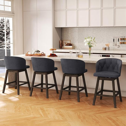 COSTWAY Counter Height Bar Stools Set of 2, Fabric Upholstered Island Stools with 360° Swivel Seat & Button-Tufted Back, Modern Pub Stools with Solid Rubber Wood Frame (Grey,2)
