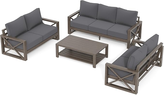 UDPATIO Aluminum Patio Furniture Set, 7 Seats Outdoor Patio Sets with Coffee Table, Faux Wood Patio Furniture Set Metal Modern Outdoor Sectional for Deck Porch Patio, Dark Grey