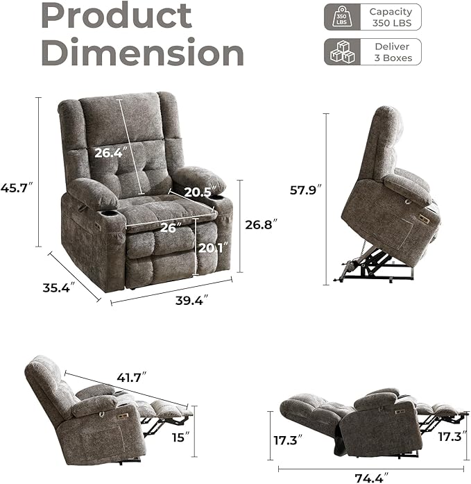 Power Lift Recliner Chair for Elderly with Massage and Heat, Dual Motor Electric Lift Chair with Arm Storage, Lay Flat Recliner for Big and Tall, Infinite Position, Gray