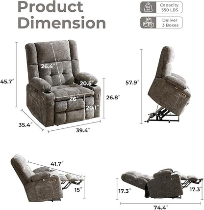 Power Lift Recliner Chair for Elderly with Massage and Heat, Dual Motor Electric Lift Chair with Arm Storage, Lay Flat Recliner for Big and Tall, Infinite Position, Gray