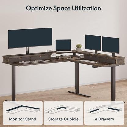 SANODESK 63" L Shaped Standing Desk with 4 Drawers, Height Adjustable Stand up Desk, Corner Gaming Desk with Monitor Stand, Black Frame/Rustic Brown Top