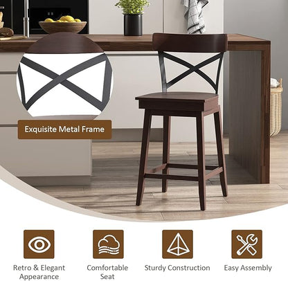 COSTWAY Swivel Bar Stool Set of 4, 24 Inch Ergonomic Counter Height Chairs with Open X Back & Footrest, 4PCS Vintage Wooden Barstools for Kitchen Island, Pub, Bistro, Café, Brown (4, 24 inch)