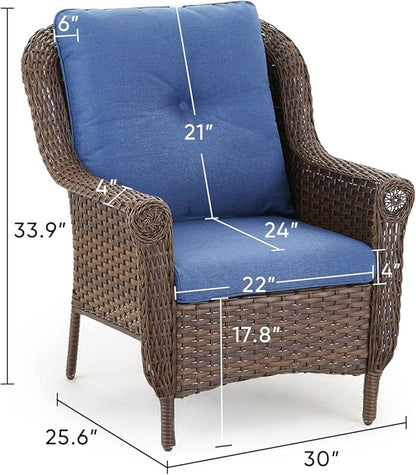 Patio Wicker Chairs Outdoor Furniture Chair - Set of 4 Outside All Weather Lawn Dining Brown Rattan Armchair with High Back&Deep Seating for Deck Porch Balcony Backyard Garden - Navy Blue