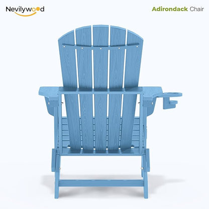 nevilywood Folding Adirondack Chair with Cup Holder Set of 4, HDPE Patio Chairs,All-Weather Outdoor Chairs for Backyard, Deck,Fire Pit-LightBlue