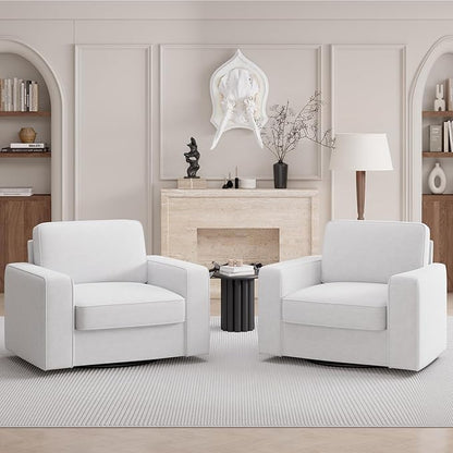 Swivel Accent Sofa Chair Set of 2, 360 Degree Rotation 36'' Width Oversized Thick Cusion Armchair Linen Fabric Single Padding Soft Living Room, Office White