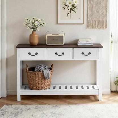 VEVOR 47 in Console Table, Farmhouse Desk Behind The Couch with Drawers and Bottom Storage Shelf, Wooden Rectangle Entrance Narrow Sofa Table for Hallway, Bedroom, Living Room, Foyer, Brown + White