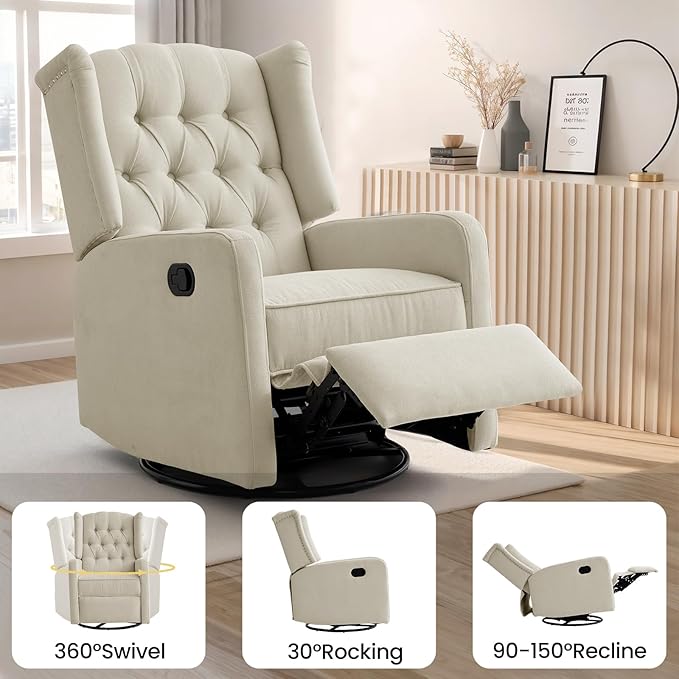 ABAKAN Swivel Rocker Recliner Chair, 360 Degree Nursery Rocking Recliner, Linen Glider Chair with Button Tufted Wingback Chair, for Living Room, Bedroom, Ivory