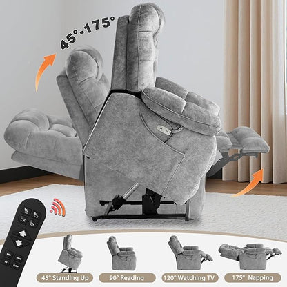 EONIX Large Lay Flat Power Lift Recliner Chair for Elderly with Heat and Massage, 400lbs Dual Motor Electirc Lift Chair with Extended Footrest, SLRY007062, Grey