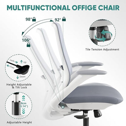 Ergonomic Mesh Office Chair, 330LBS Executive Desk Chair with Lumbar Support, 2D Armrests, Comfy Swivel Computer Task Chairs for Long Hours (Grey)