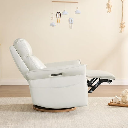CHITA Genuine Leather Power Recliner Chair, Electric Triple-Motor Swivel Glider Nursery Rocking Chair with Adjustable Power Headrest and Lumbar Support, Solid Wood Base, Creamy Grey