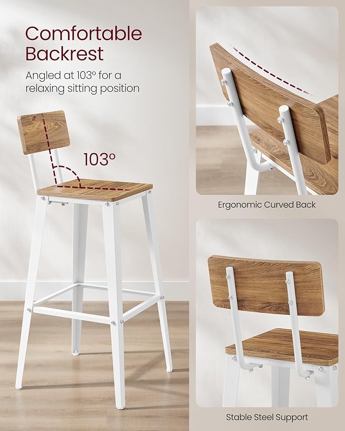 VASAGLE Set of 2 Bar Stools, Bar Height Stools, 29.1 Inches Tall Barstools with Back, Counter Bar Chairs for Kitchen Island, Steel Frame, Industrial Style, Easy Assembly, Wheat Brown and Cloud White