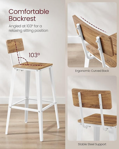 VASAGLE Set of 4 Bar Stools, Bar Height Stools, 29.1 Inches Tall Barstools with Back, Counter Bar Chairs for Kitchen Island, Steel Frame, Industrial Style, Easy Assembly, Wheat Brown and Cloud White