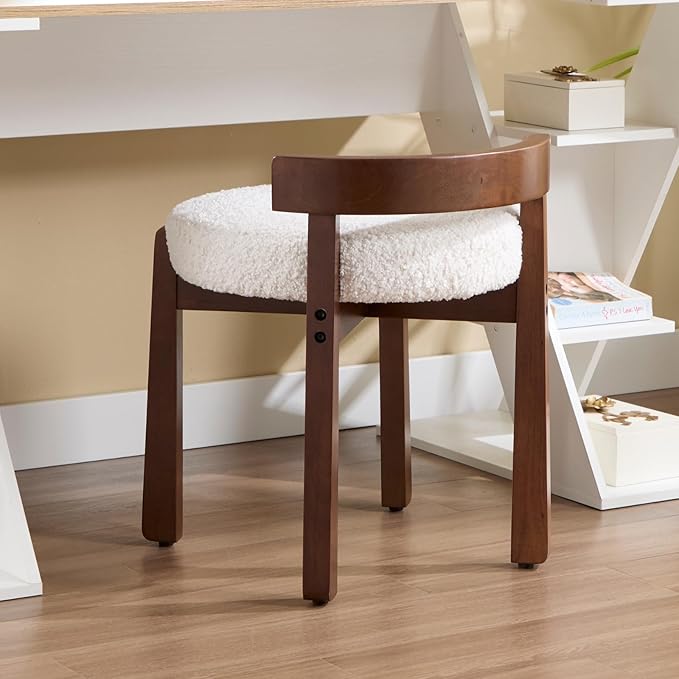 Modern Vanity Chair Upholstered Small Ottoman Footstool, Make Up Stool Sherpa Fabric with Backrest Wooden Frame for Living Room Bedrooms, 1PC, White