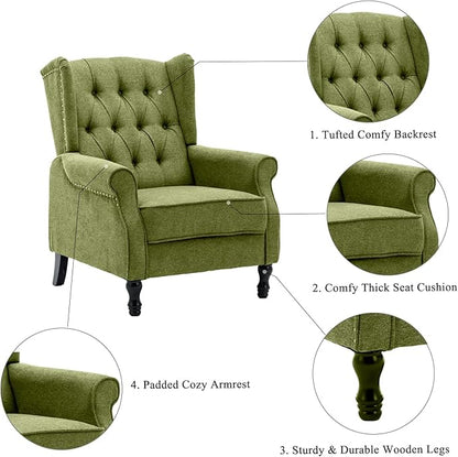 Artechworks Winged Fabric Modern Accent Chair Tufted Arm Club Chair Linen Single Sofa with Wooden Legs Comfy Upholstered for Reading Living Room Bedroom Office, Green