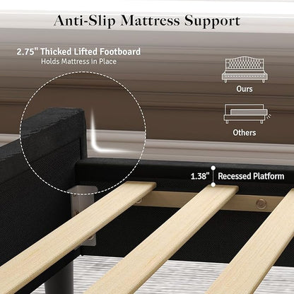 Belffin Queen Bed Frame with Headboard, Luxury Upholstered Velvet Platform Bed with Wingback, Button Tufted & Nailhead Trim, Anti-Slide Tall Footboard, No Box Spring Needed, Noise-Free, Black