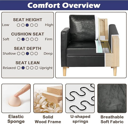 STHOUYN Black Faux Leather Accent Chairs Set of 2 Small Living Room Bedroom Chairs, Comfy Reading Chair Single Sofa for Adults, Suitable Small Spaces Office Couch, Easy Assembly