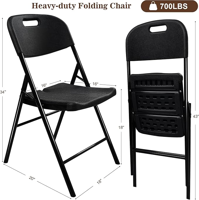 6 Pack Folding Chair, 700 lb Weight Capacity,Indoor/Outdoor Heavy Duty Foldable Chairs for Restaurants, Kitchens, Picnics, Races, Parties & Weddings. (6, Black)