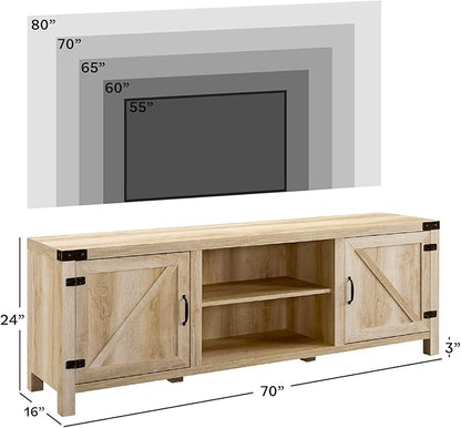 Walker Edison Georgetown Modern Farmhouse Double Barn Door TV Stand for TVs up to 80 Inches, 70 Inch, White Oak, Without Fireplace