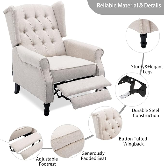 Wingback Recliner Chair, Modern Accent Arm Chair for Living Room/Bedroom/Office/Home Theater, Beige