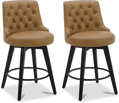 Watson & Whitely Modern Swivel Bar Stools, Faux Leather Upholstered Counter Height Bar Stools with Back, Solid Wood Legs, 26" H Seat, Set of 2, Cognac