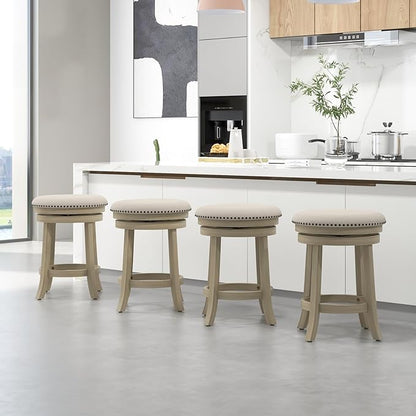 COSTWAY 360° Swivel Bar Stools Set of 2, 24-inch Height Upholstered Round Barstools with Wooden Frame, Seat and Footrest, Backless Solid Wood Counter Stools for Kitchen Island Bistro Pub, Beige