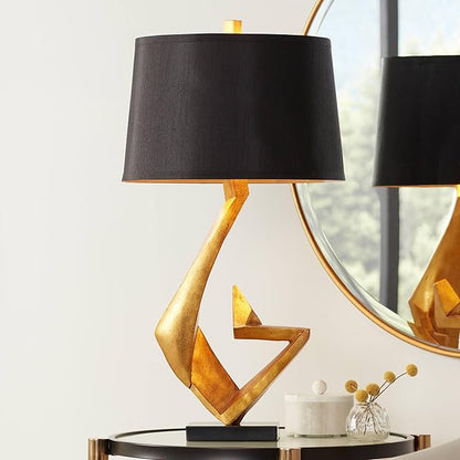 Possini Euro Design Zeus Mid Century Modern Glam Luxury Table Lamp 28.5" Tall Sculptural Gold Leaf Metal Black Fabric Tapered Drum Shade Decor for Living Room Bedroom House Bedside Nightstand Home