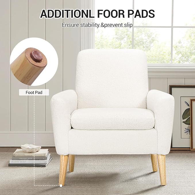 Lohoms Sherpa Accent Chair, Modern White Teddy Fabric Upholstered Comfortable Armchair, Comfy Reading Leisure Chairs for Bedroom, Living Room, Home Office, Small Sofa Chair with Wood Legs
