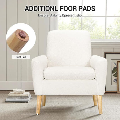 Lohoms Sherpa Accent Chair, Modern White Teddy Fabric Upholstered Comfortable Armchair, Comfy Reading Leisure Chairs for Bedroom, Living Room, Home Office, Small Sofa Chair with Wood Legs