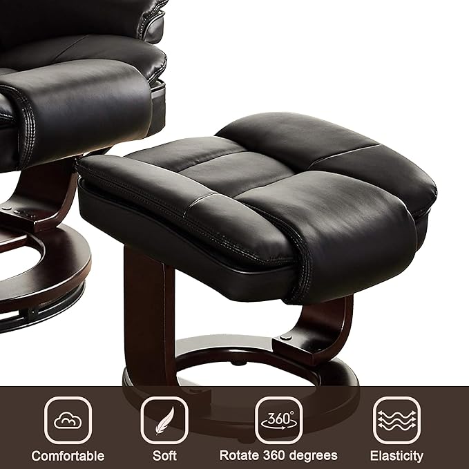 JC Home Argus Swivel Recliner with Ottoman, PU Leather & Wood Base Reclining Chair with Footrest, Ultra-Plush Double Foam for Living Room, Bedroom and Office