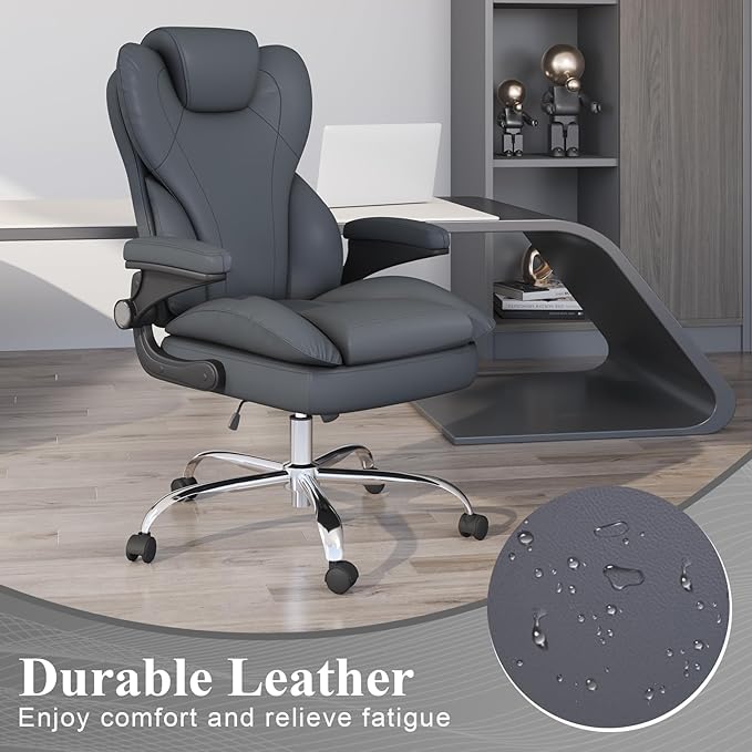 Office Desk Chair, Executive Leather Office Chair, High Back Ergonomic Home Desk Chair with Padded Flip-up Arms, Big and Tall Computer Chair with Rocking Function, 360°Swivel Free, Gray