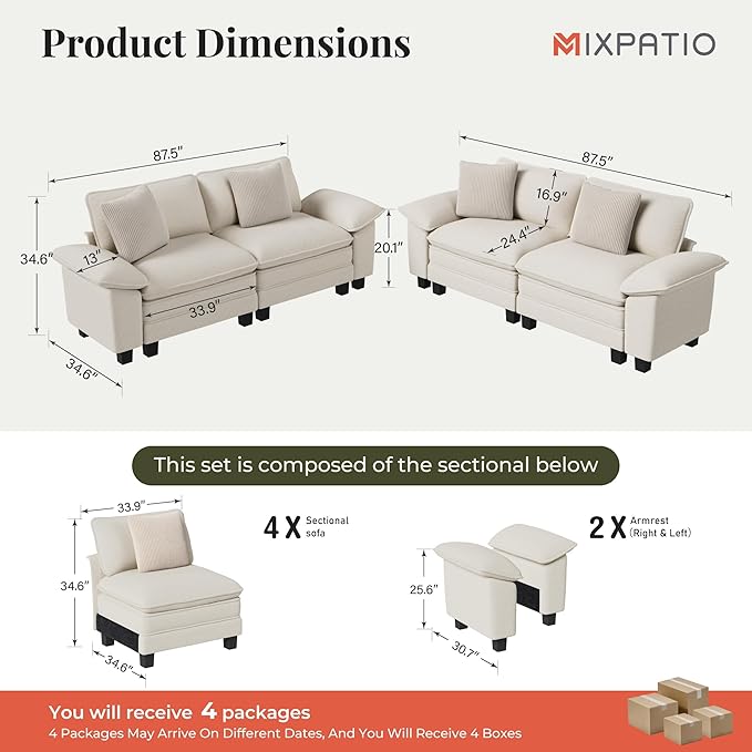 L-Shaped Cloud Modular Sofa Set, 4-Piece Double Loveseat Sectional w/Deep Seat & Removable Arms, Plush Chenille for Living Room - Beige
