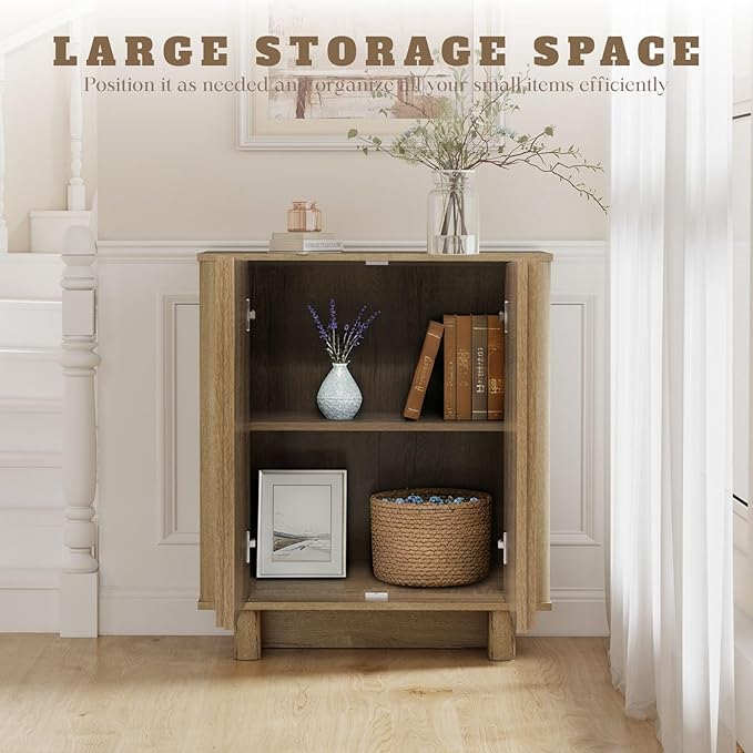 LukeAlon Fluted Sideboard Cabinet with Storage, Farmhouse Boho Accent Buffet Cabinet, 31.5" Height Wooden Small Credenza Cabinets for Living Room Dining Room Entryway Hallway, Natural Wood Color