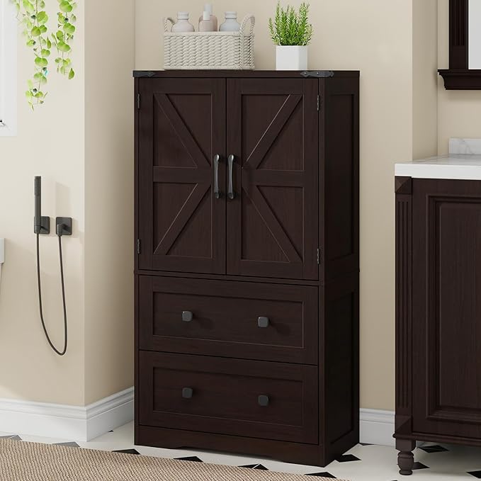 Farmhouse Bathroom Storage Cabinet with 2 Big Drawers and Barn Doors, Kitchen Pantry, Freestanding Storage Cabinet with Adjustable Shelves for Bathroom, Living Room, Kitchen(Espresso)
