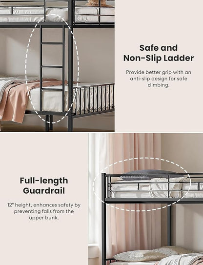Queen Over Queen Bunk Bed for Adults & Teens, Heavy Duty Metal Bunk Bed with EVA Anti-Slip Ladder & Full-Length Guardrails, Noise-Free Queen Bunk Bed Frame with Under-Bed Storage, Black