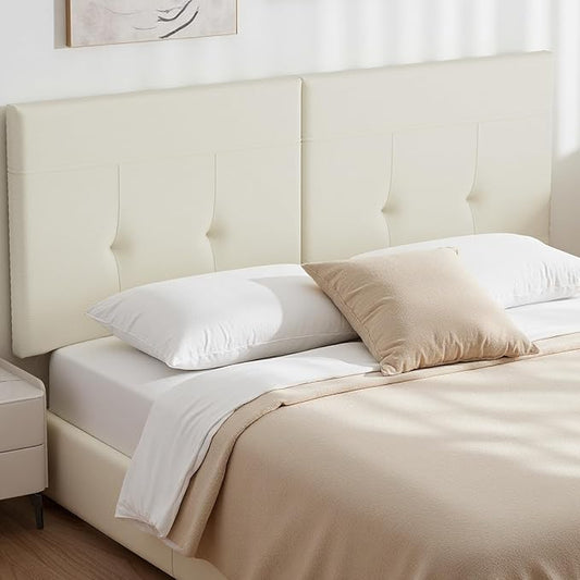 Headboard Queen Size Upholstered Faux Leather, Queen Headboard with Sturdy Metal Legs, Tufted Upholstery Design Headboards with Adjustable Width & Height (Ivory)
