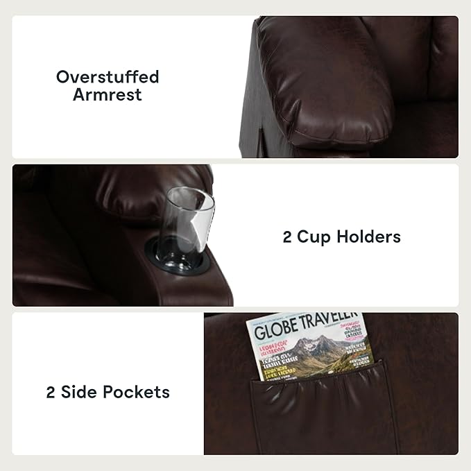 FLEXISPOT XL31-L Power Lift Recliner Chair for Elderly, Electric Lift Chair with Massage & Heat, PU Leather Reclining Sofa with Cup Holders, Side Pockets for Living Room Bedroom(Large Size, Pecan)