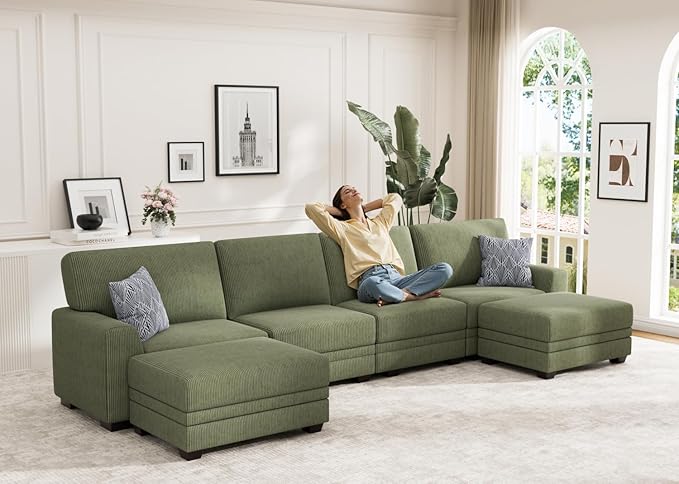 Wanderwell Oversized Modular Sectional Sofa, 6-Seater U Shaped Couches with Movable Ottoman,Corduroy Sectional Couch with Wide and Deep Seats Suitable for Living Room,Bedroom,Apartment (Olive, U-6)