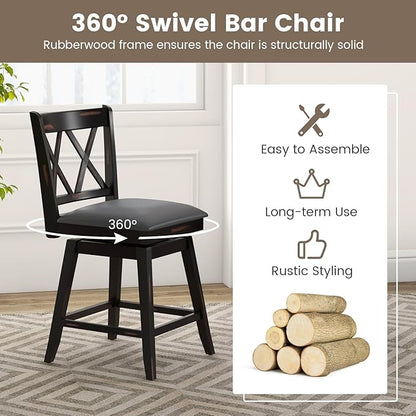COSTWAY Bar Stool Set of 4 for Kitchen Island, 25" Counter Height Chair with Ergonomic Backrest, Foot Rest, Waterproof PVC Surface & Solid Wood Structure, 360°Swivel Farmhouse Barstool with Back