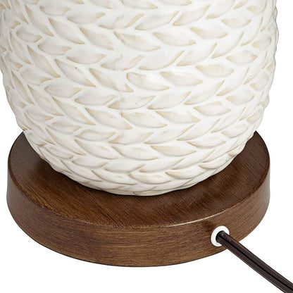 Possini Euro Design Kingston Mid Century Modern Table Lamp 32 3/4" Tall White Grooved Patterned Ceramic Taupe Drum Shade for Bedroom Living Room House Bedside Nightstand Home Office Entryway Family
