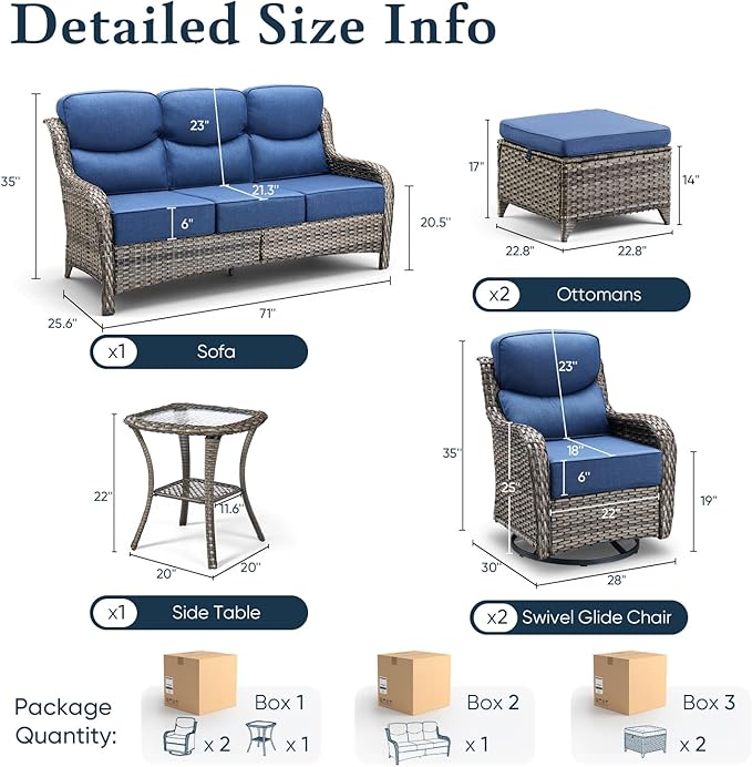Belord Luxury 6" Thick Cushioned 6 Pieces Patio Furniture Set with Outdoor Couch, Wicker Outdoor Conversation Set with High Back Swivel Rocker Chairs for Deck Porch Yard and Poolside - Grey+Blue