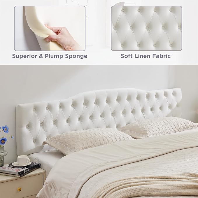 Upholstered Full Headboard, Button Diamond Tufted Headboard with Adjustable Height and Solid Wood Leg, Velvet Padded Headboards for Full Size Bed, Modern Head Board, White