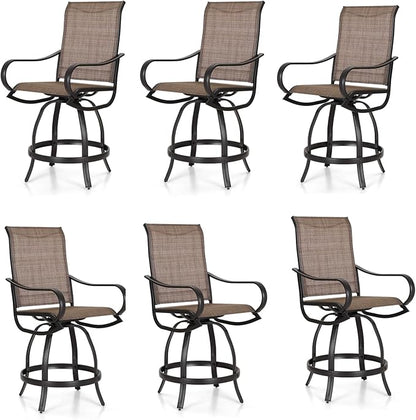 PHI Villa Outdoor Swivel Bar Stools Set of 6, Counter Height Patio Chairs with Waterproof Textile Fabric Brown, Rustproof Metal Frame & Circular Footrest for Poolside, Garden, Yard