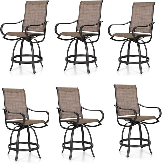 PHI Villa Outdoor Swivel Bar Stools Set of 6, Counter Height Patio Chairs with Waterproof Textile Fabric Brown, Rustproof Metal Frame & Circular Footrest for Poolside, Garden, Yard